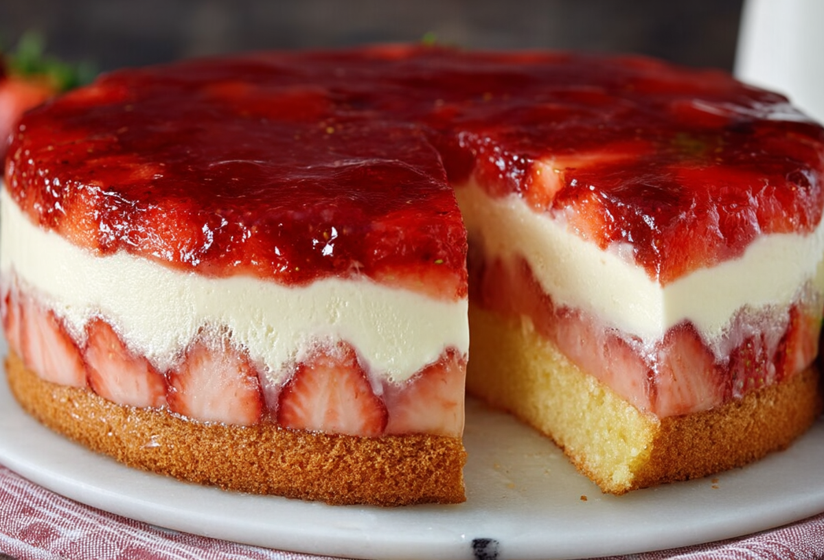 Erdbeerkuchen mit Vanillepudding, von dem ein Stück entnommen wurde, auf einer Marmorplatte.