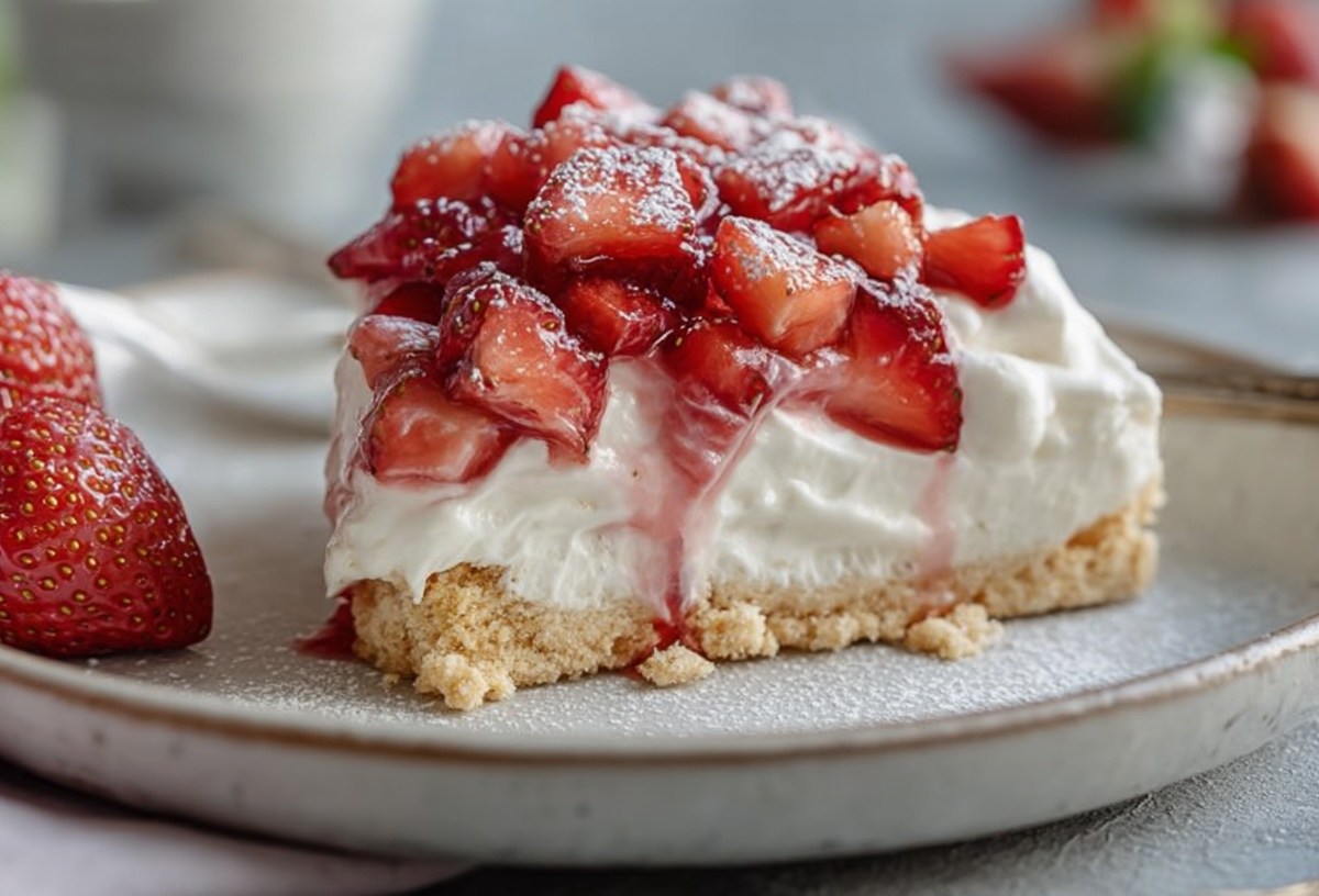 Ein Stück Erdbeerkuchen mit Zitronenquark auf einem Teller zusammen mit zwei ganzen Erdbeeren.