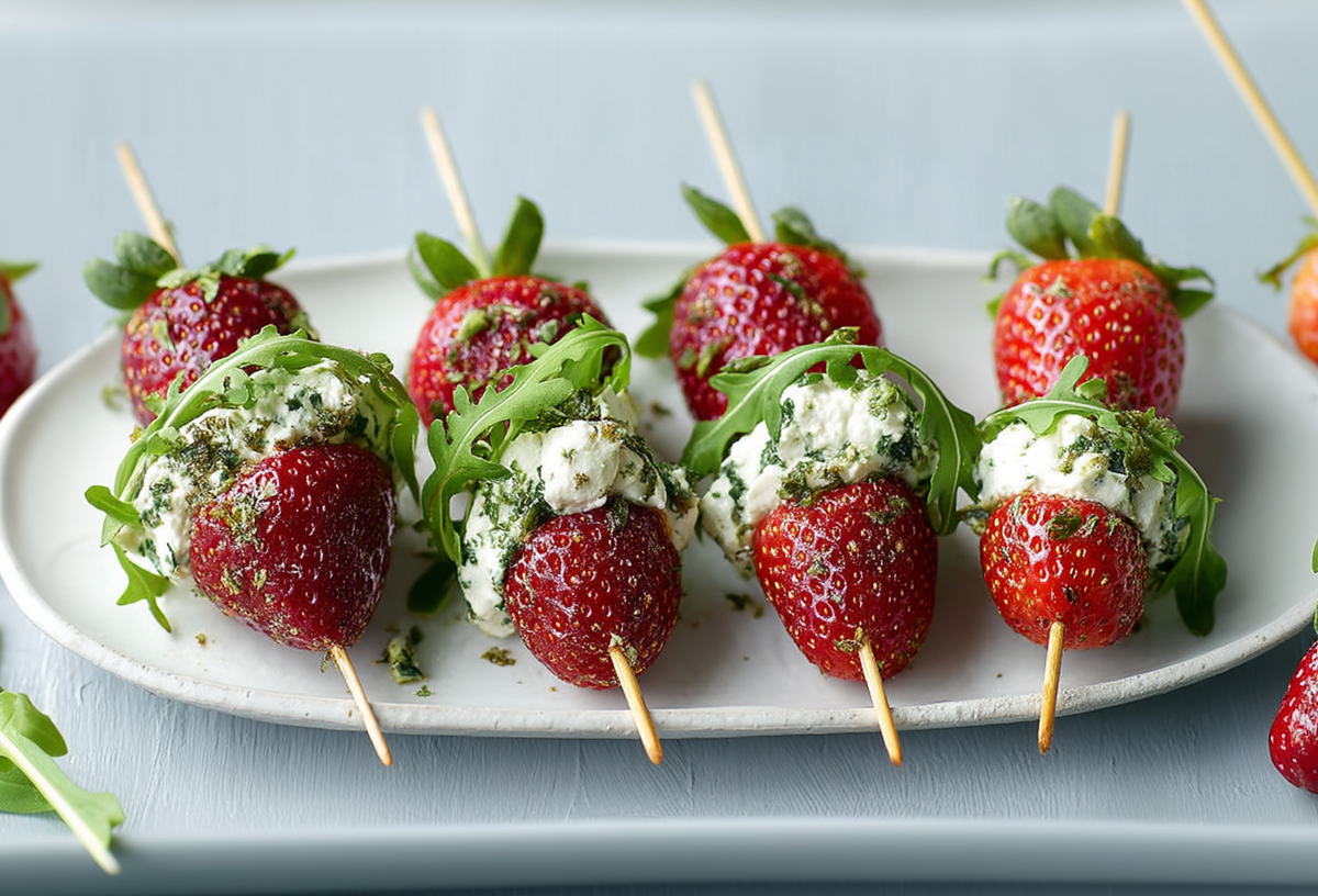 Vier Erdbeerspieße mit Ziegenfrischkäse sind auf einem Snackteller angerichtet. Links und rechts liegen weitere Erdbeeren sowie frischer Rucola neben dem Teller.