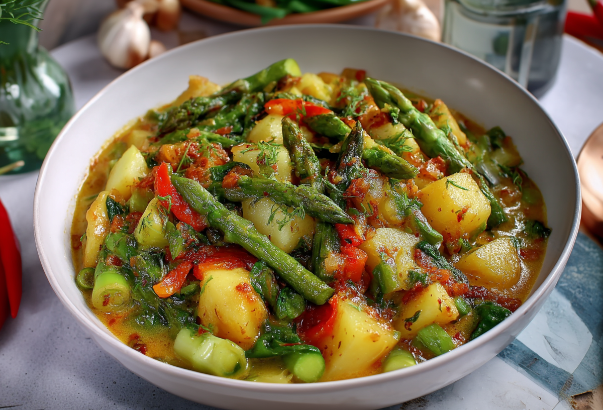 Eine Schale Frühlingseintopf mit Spargel. Der Eintopf ist mit grünem Spargel, Kartoffeln und Paprika. Rechts daneben liegt ein Holzlöffel. Links liegen Chilischoten.