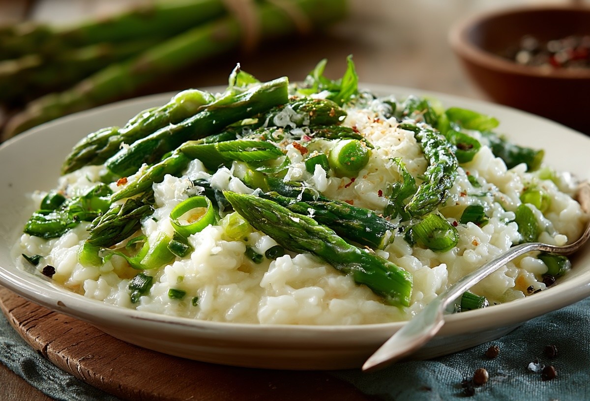 Gebackener Feta-Reis mit Spargel auf einem Teller garniert mit Frühlingszwiebel.
