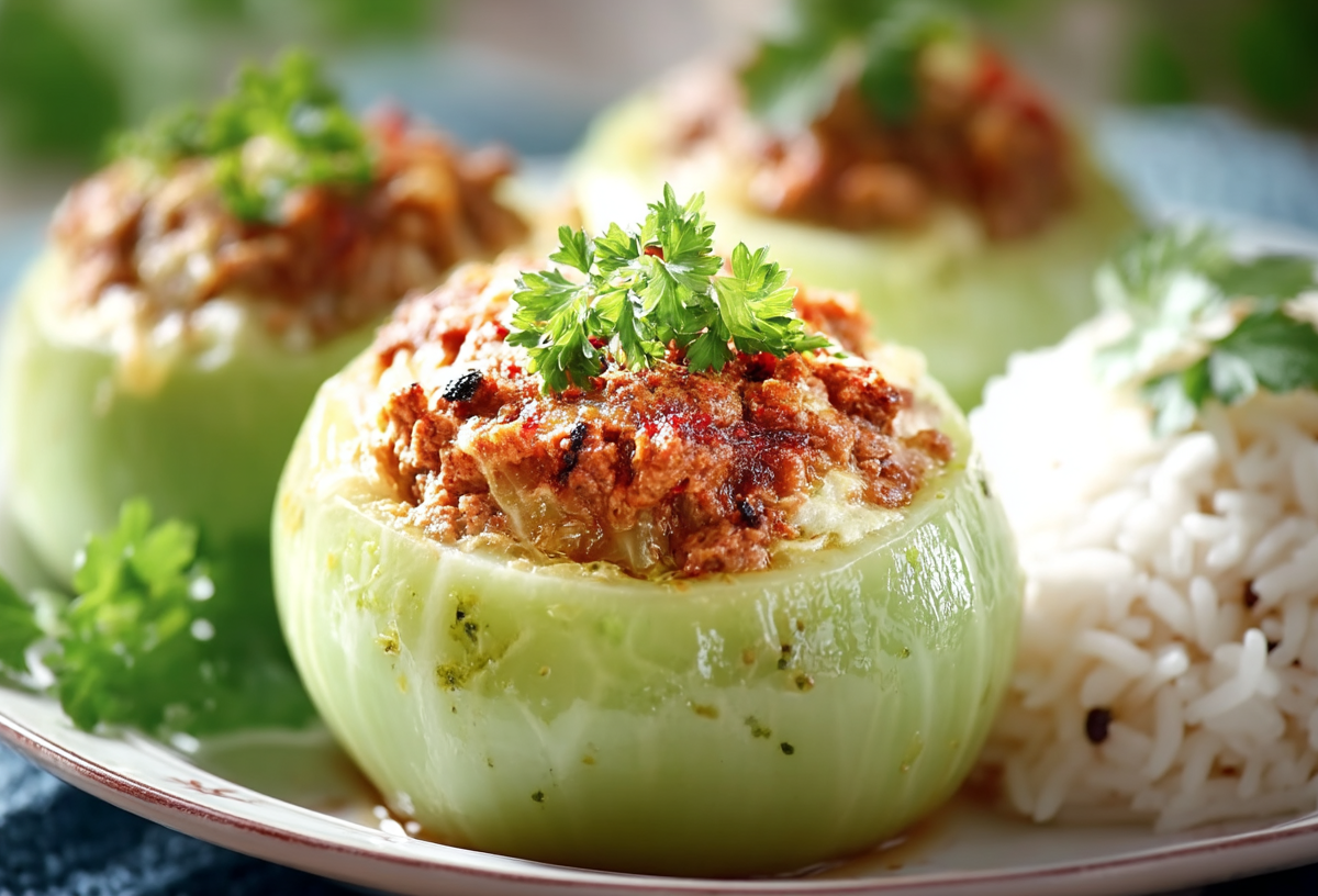 Zwei gefüllte Kohlrabi mit Hack und Reis serviert.