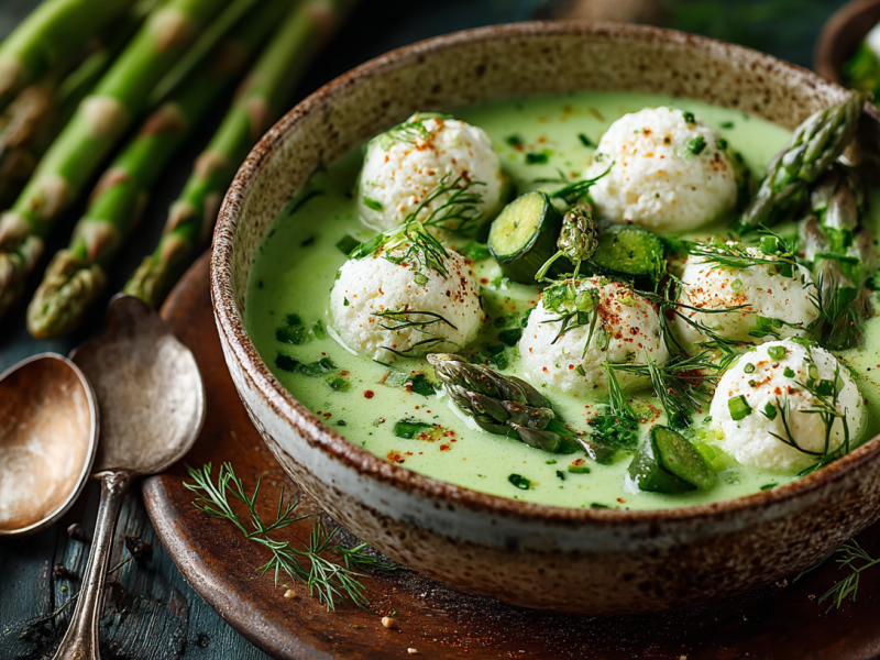 Edle Frühlingsküche: So machst du grüne Spargelsuppe mit Ricottaklößchen