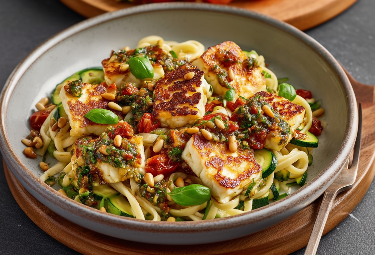 Ein Teller mit Halloumi-Zucchini-Nudeln auf einem Holzuntersetzer. Rechts neben dem Teller liegt eine Gabel. Oben im Bild sieht man einen weiterer angeschnittenen Holzuntersetzer.