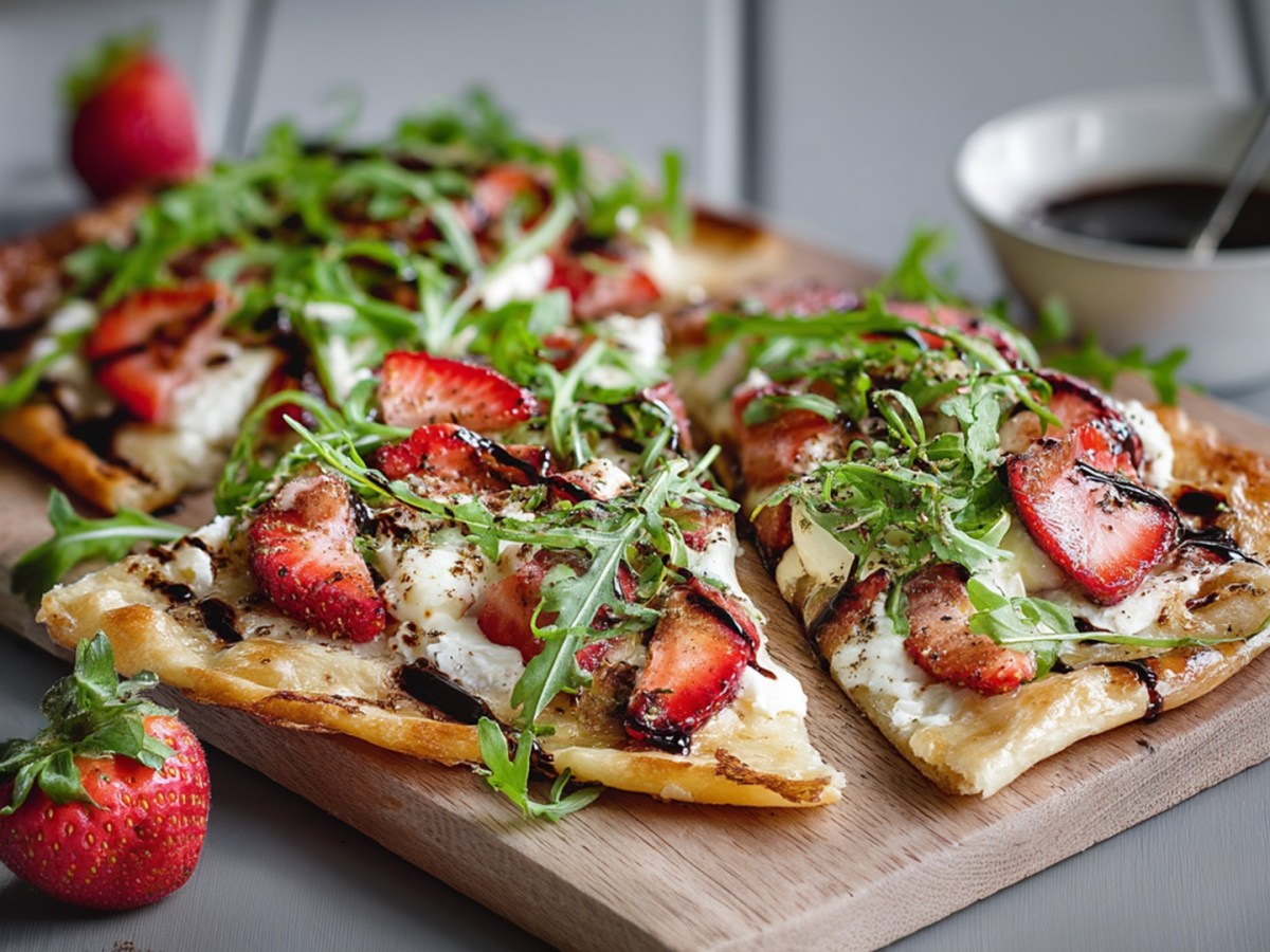 Ein Holzbrett, dass auf einer grauen Oberfläche steht und auf dem ein herzhafter Erdbeer-Flammkuchen mit Rucola und Ziegenkäse liegt. Außerdem liegen frische Erdbeeren herum und man kann eine Schale mit Balsamico sehen.
