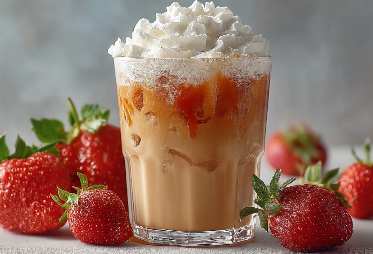 Ein Glas Iced Strawberry Latte mit Schlagsahne, daneben ein paar frische Erdbeeren.