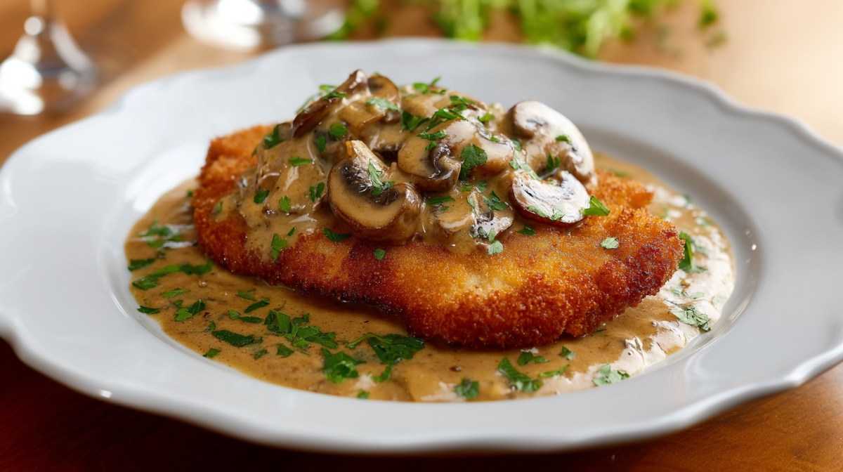 Ein Jägerschnitzel liegt auf einem weißen Teller auf einem Holztisch. Es ist mit brauner Soße und Champignons bedeckt. Im Hintergrund sieht man Gläser und einige frische Kräuter.