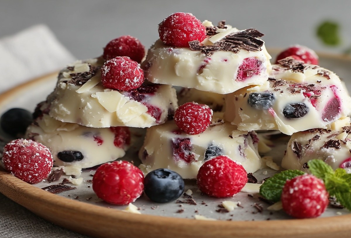 Joghurt-Bites mit Beeren und Schokolade auf einem Holzteller. Nahaufnahme.