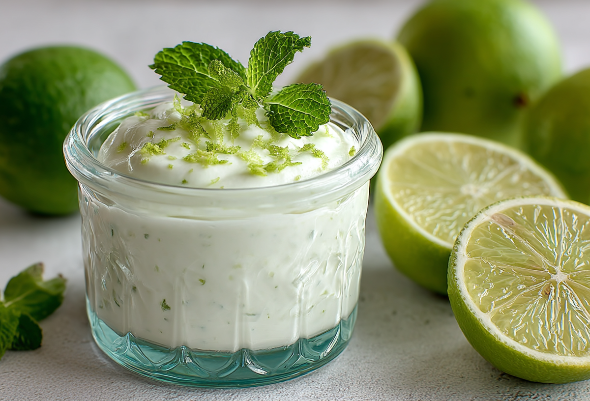 Ein Glas mit Joghurt-Limetten-Mousse auf grauem Untergrund. Um das Glas verteilt liegen einige Limetten. Das Mousse ist mit Limettenzeste und Minze angerichtet.