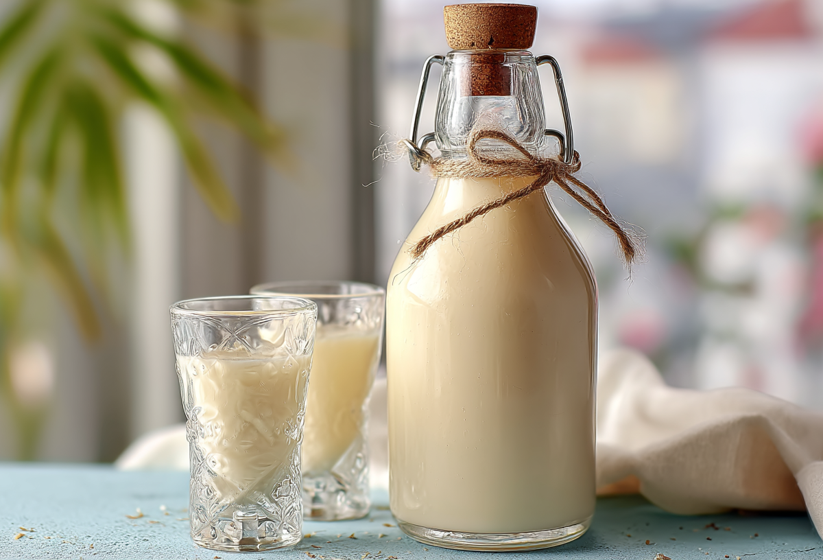Eine Flasche mit Käsekuchenlikör und zwei Gläsern daneben. Im Hintergrund sieht man eine Pflanze.