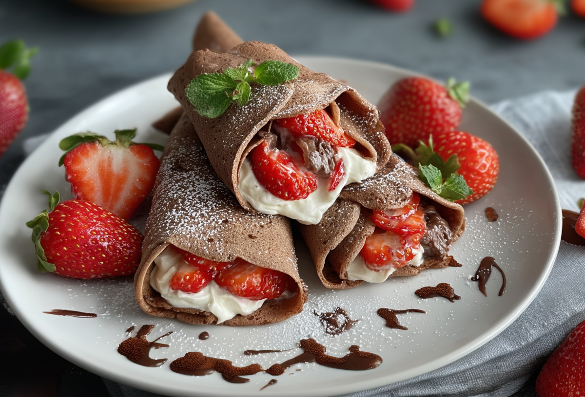 Drei Kakao-Burritos mit Erdbeeren liegen auf einem weißen Teller. Um sie herum sind einige Erdbeeren sowie etwas Schokosoße verteilt.