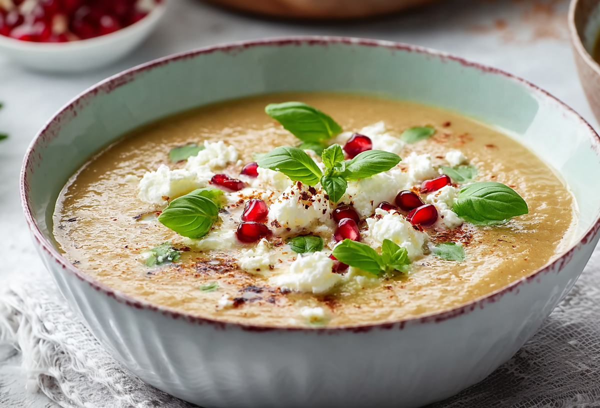 Eine Schale mit kalter Auberginen-Feta-Suppe auf einer grauen Küchendecke. Die Suppe ist mit Basilikumblättern, Feta und Granatapfelkernen garniert. Im Hintergrund sieht man ein Schälchen mit weiteren Granatapfelkernen.