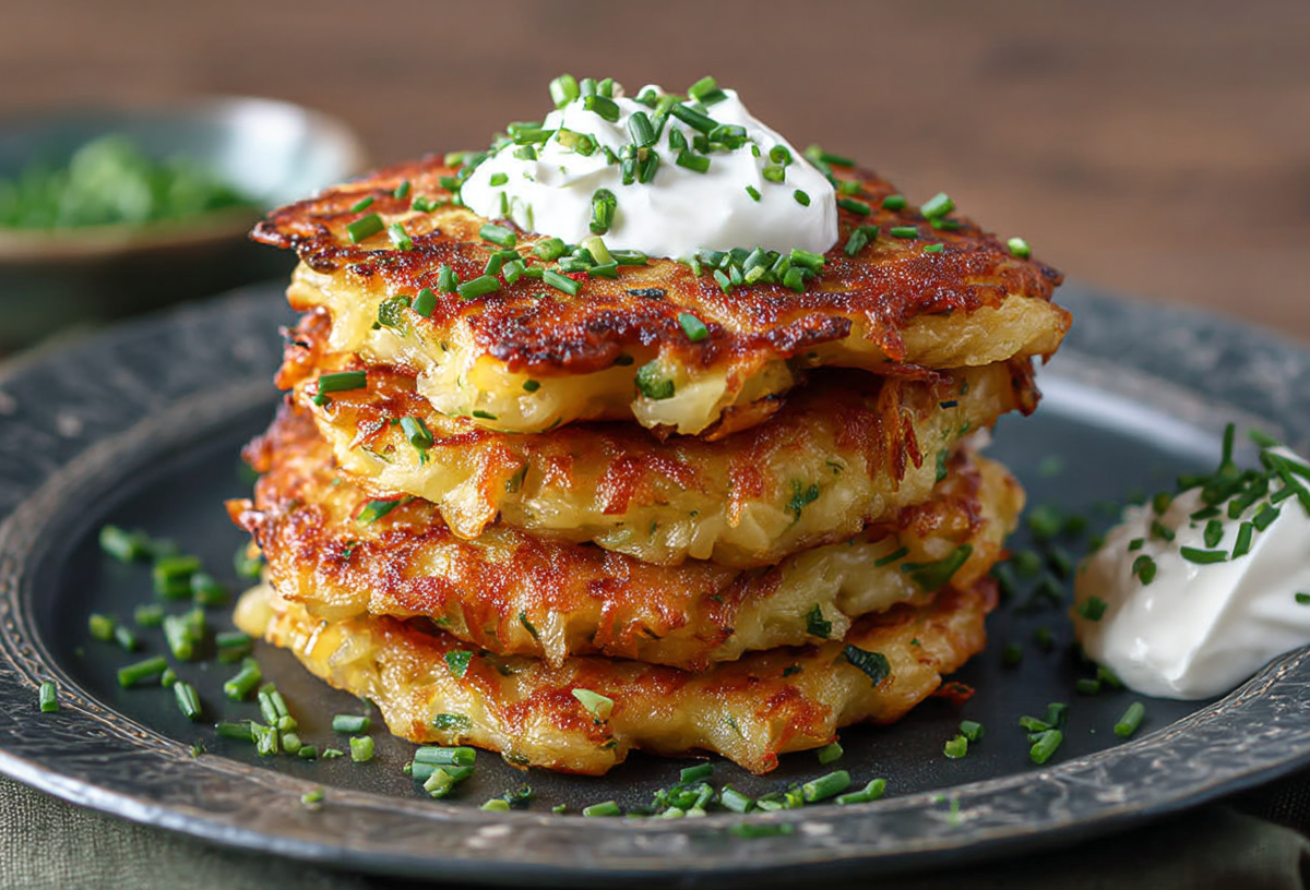 Ein Stapel Kohlrabi-Kartoffelpuffer mit Schmand und Schnittlauch.