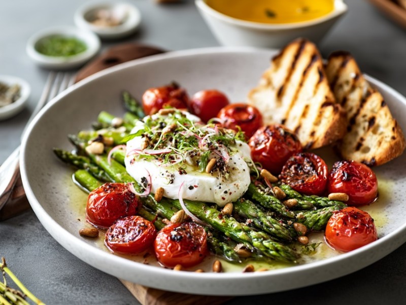 Lauwarmer Spargel-Tomaten-Salat mit Burrata: leichtes Frühlingsgericht