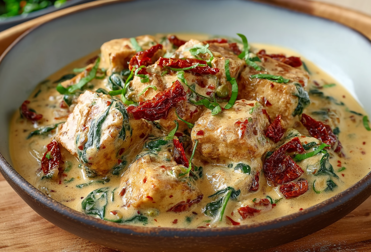 Eine Schale mit Marry Me Tofu auf einem Holzuntersetzer. Das Gericht ist mit Tofu, Spinat und getrockneten Tomaten zubereitet.