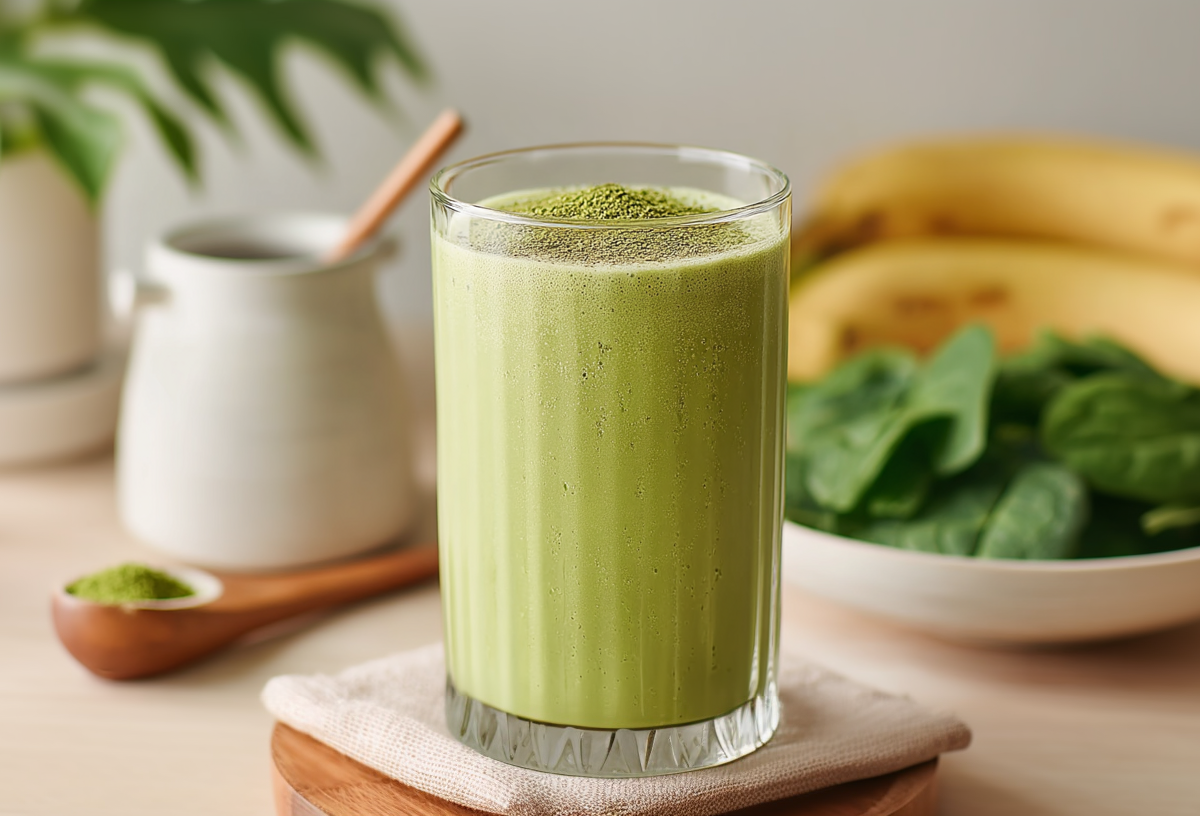Ein Matcha-Smoothie steht auf einem beigen Tuch auf einem hölzernen Untersetzer. IM Hintergrund sieht man von links nach rechts eine Pflanze, einen Holzlöffel mit Matchapulver eine Schale mit Spinat und zwei Bananen.