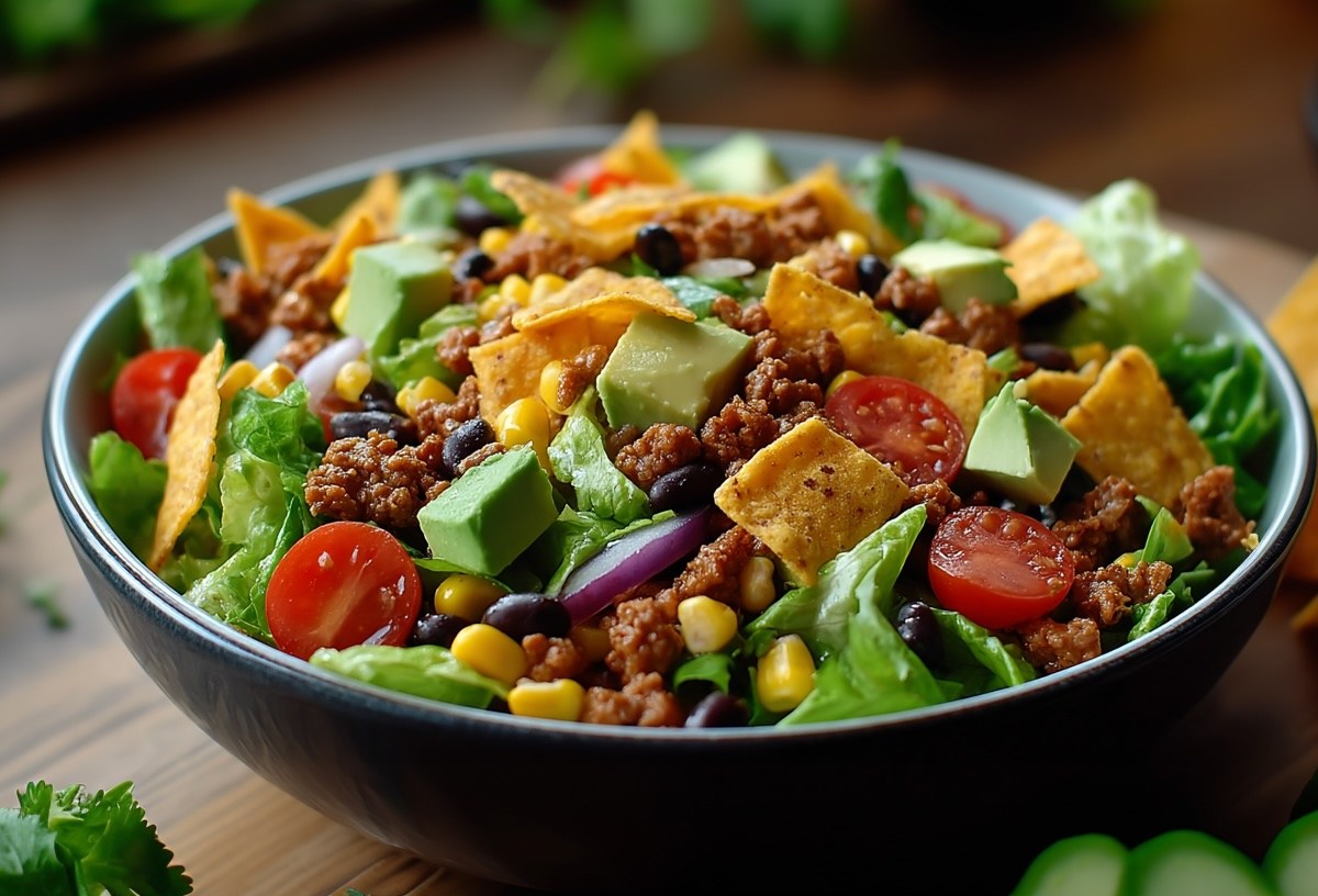 Eine Schüssel Nacho-Salat mit Avocado, Mais, Bohnen, Hackfleisch und weiteren Zutaten. Nahaufnahme.