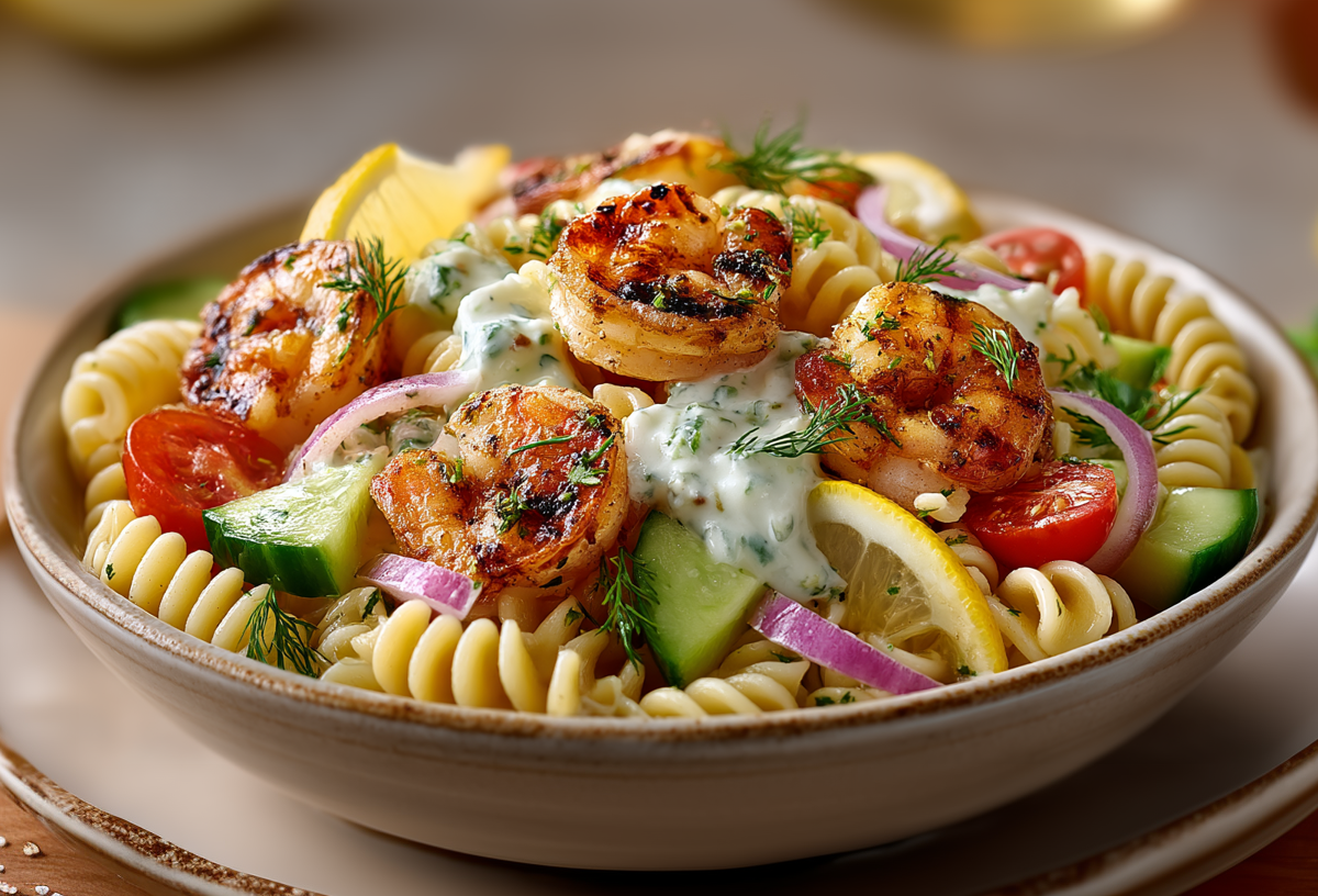 Ein Teller Nudelsalat mit Garnelen auf einem Unterteller. Der Salat ist mit Fusilli, Gurken, Zwiebeln und gebratenen Garnelen angerichtet. Man sieht einige Zitronenscheiben. Hinten rechts im Bild liegt noch eine Zitrone.