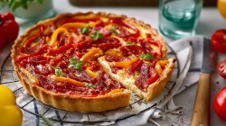 Eine Paprika-Salami-Quiche, die auf einem runden Gitter liegt. Das Gitter liegt auf einem Küchenhandtuch. Ringsum kann man Zutaten und Küchenutensilien erkennen.