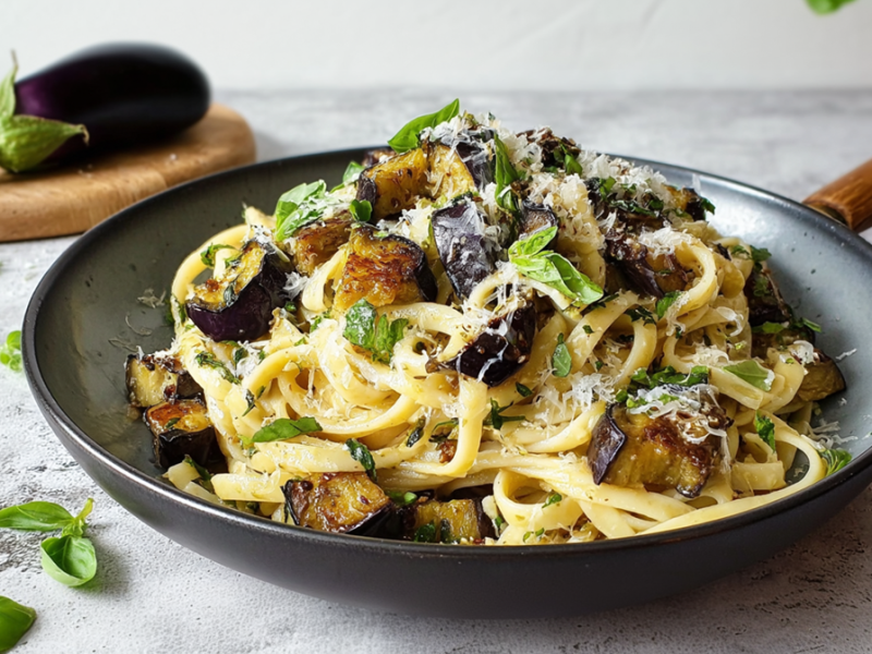 Sehnsucht nach Italien? Dann gibt’s bei uns Pasta aglio e olio mit gerösteter Aubergine