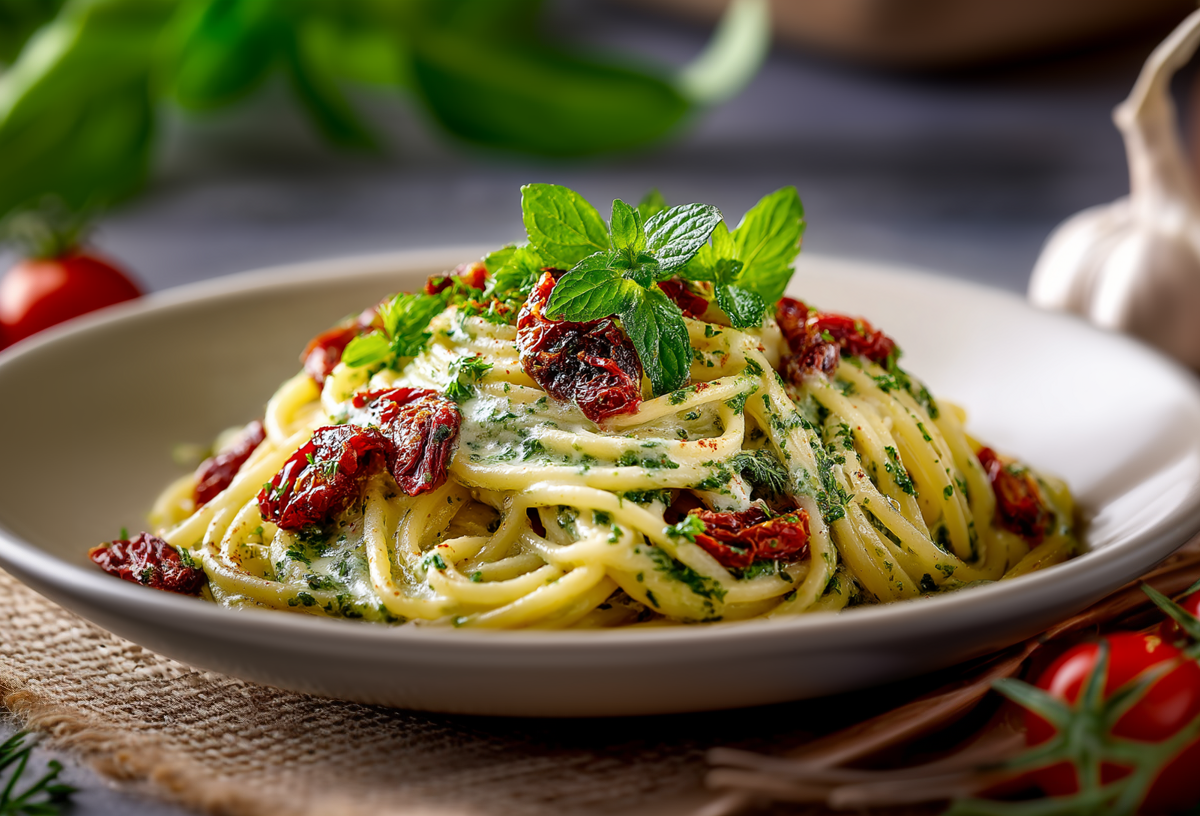 Ein Teller mit Pesto-Senf-Pasta auf einem braunen Unterleger. Vor dem Teller liegt etwas frischer Rosmarin sowie einige frische Tomaten. Im Hintergrund sieht man weitere Tomaten, etwas frischen Salat und eine Knoblauchknolle.