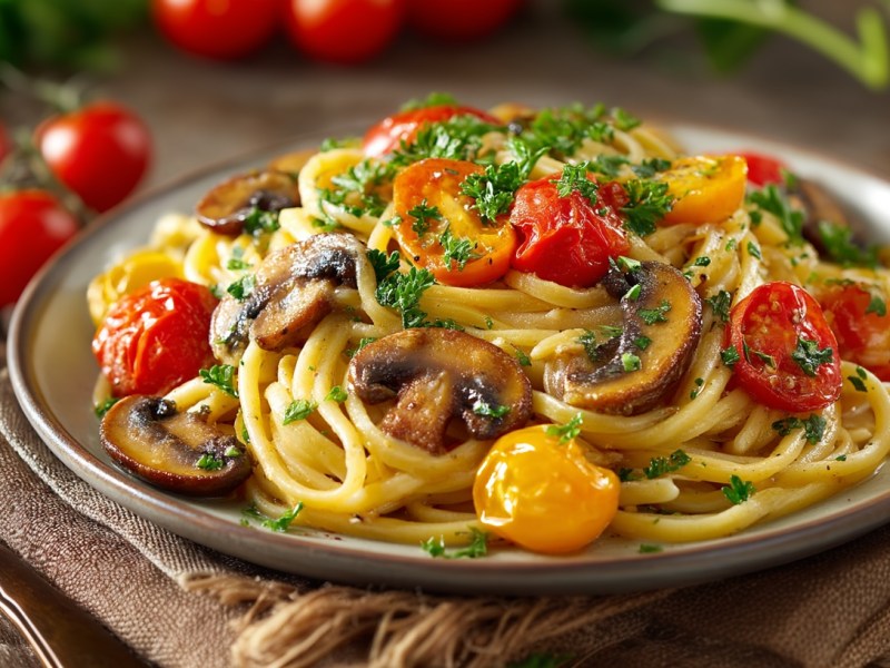 Für Pilz-Pasta mit Tomaten brauchst du wenig Zeit und Zutaten