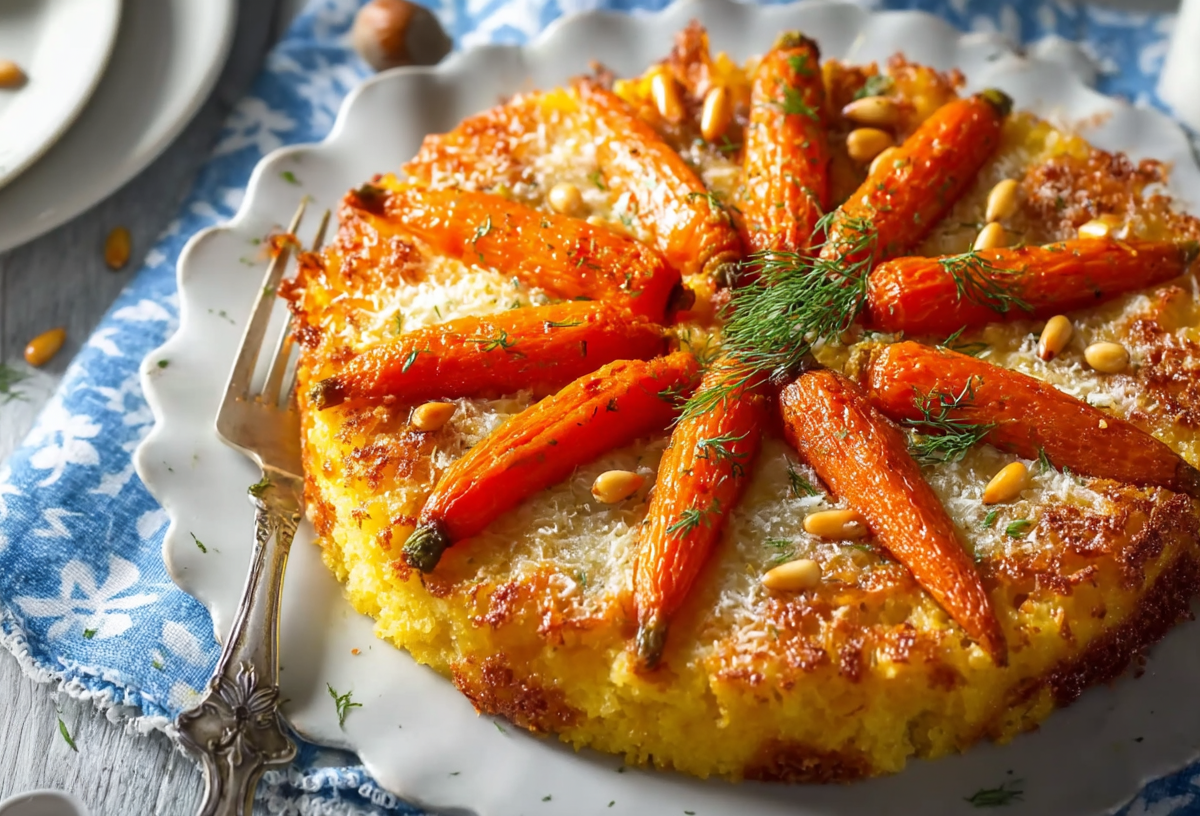 Polenta-Möhrenstern mit Parmesan auf einem gewellten Teller.