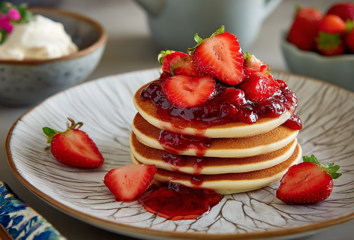 Ein Stapel Quarkpfannkuchen mit Erdbeeren auf einem gemusterten Teller.