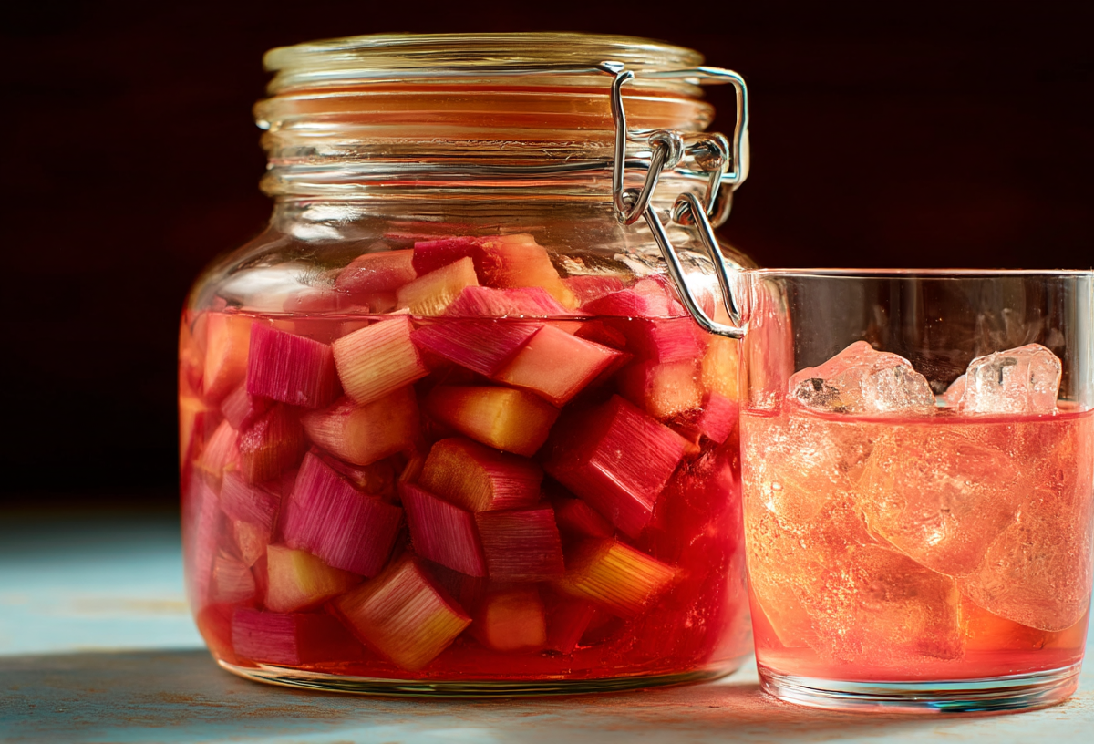 Ein Einmachglas mit Rhabarber-Gin, daneben ebendieser angefüllt in ein Glas mit Eiswürfeln.