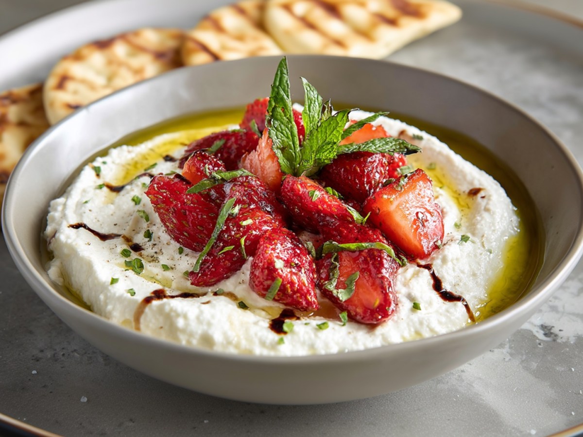 Für deine nächste Garten-Party: Ricotta-Dip mit gerösteten Erdbeeren
