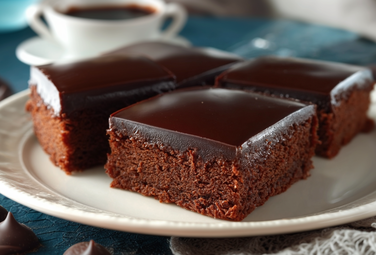 Vier Stücke Sachertorte vom Blech liegen auf einem weißen Teller. Im Hintergrund steht eine Kaffeetasse. Um den Teller verteilt liegen Schokodrops.