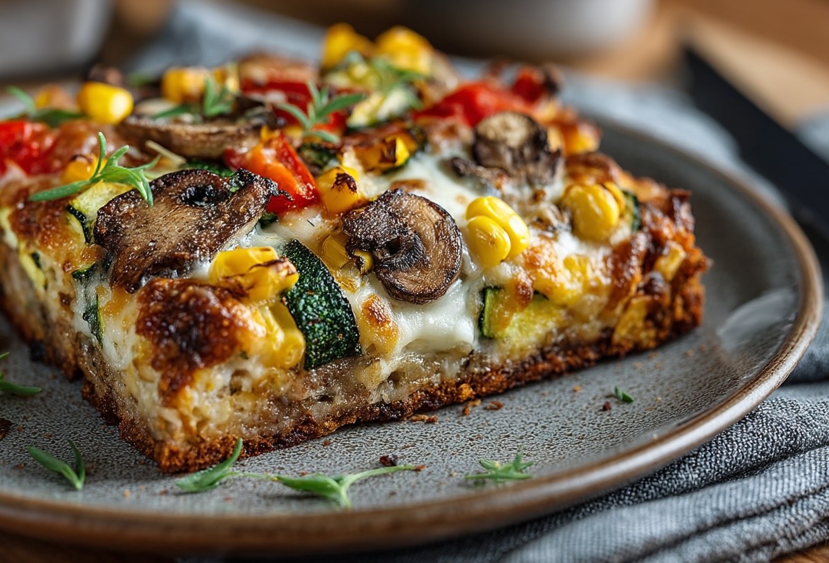Ein Stück Schüttelpizza mit Gemüse auf einem Teller, Nahaufnahme.
