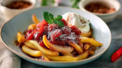 Ein Teller mit Schupfnudeln mit Rhabarberkompott und Vanille-Quark.