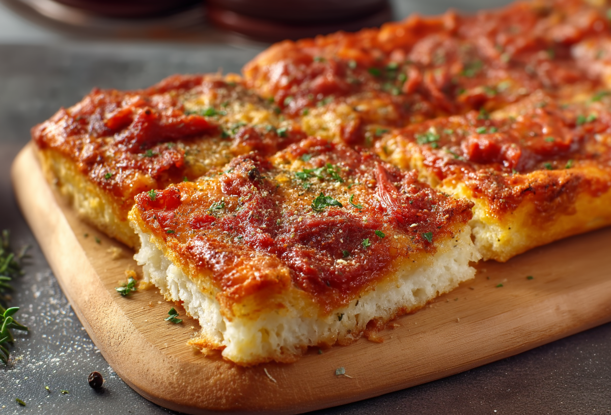 Eine in Stücke geschnittene Sfincione auf einem Holzbrett. Links neben dem Brett liegt Pfeffer, Rosmarin und ein Schälchen mit Tomatensoße.