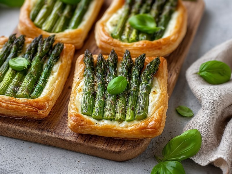 So schnell kannst du leckere Spargel-Blätterteig-Tartes mit Käse backen