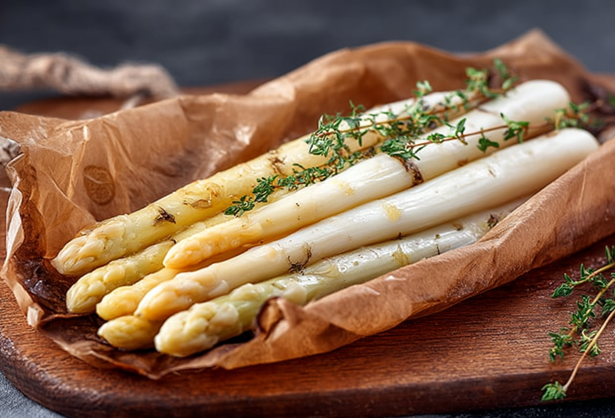 Spargel en papillote: SPargelstangen, in Backpapier eingeschlagen und mit Thymian gebacken.