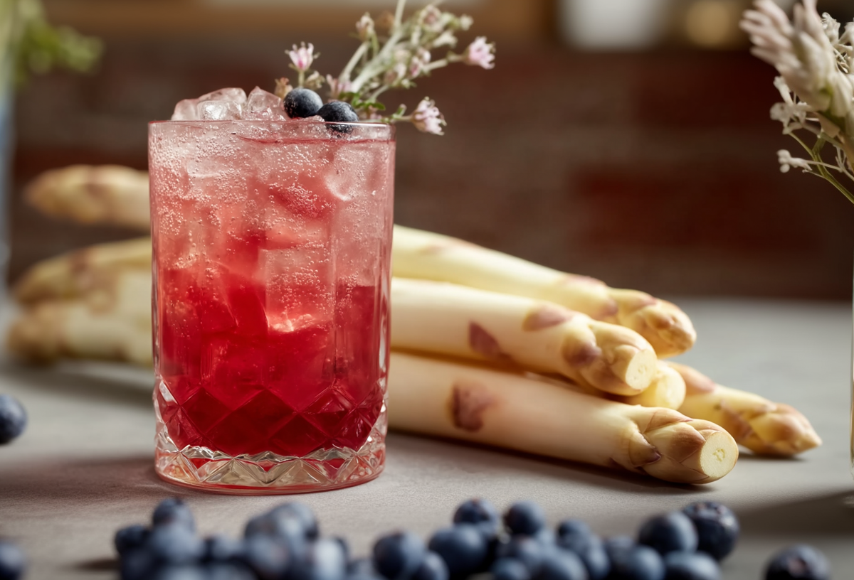 Ein Glas mit Spargel-Gin steht in der Mitte des Bildes. Im Hintergrund liegen einige Spargelstangen. Um das Glas herum liegen einige Blaubeeren verteilt.