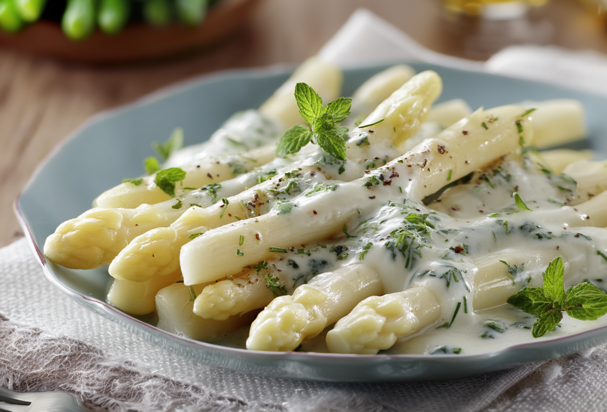 Spargel in Basilikum-Rahmsoße auf einem blauen Teller.