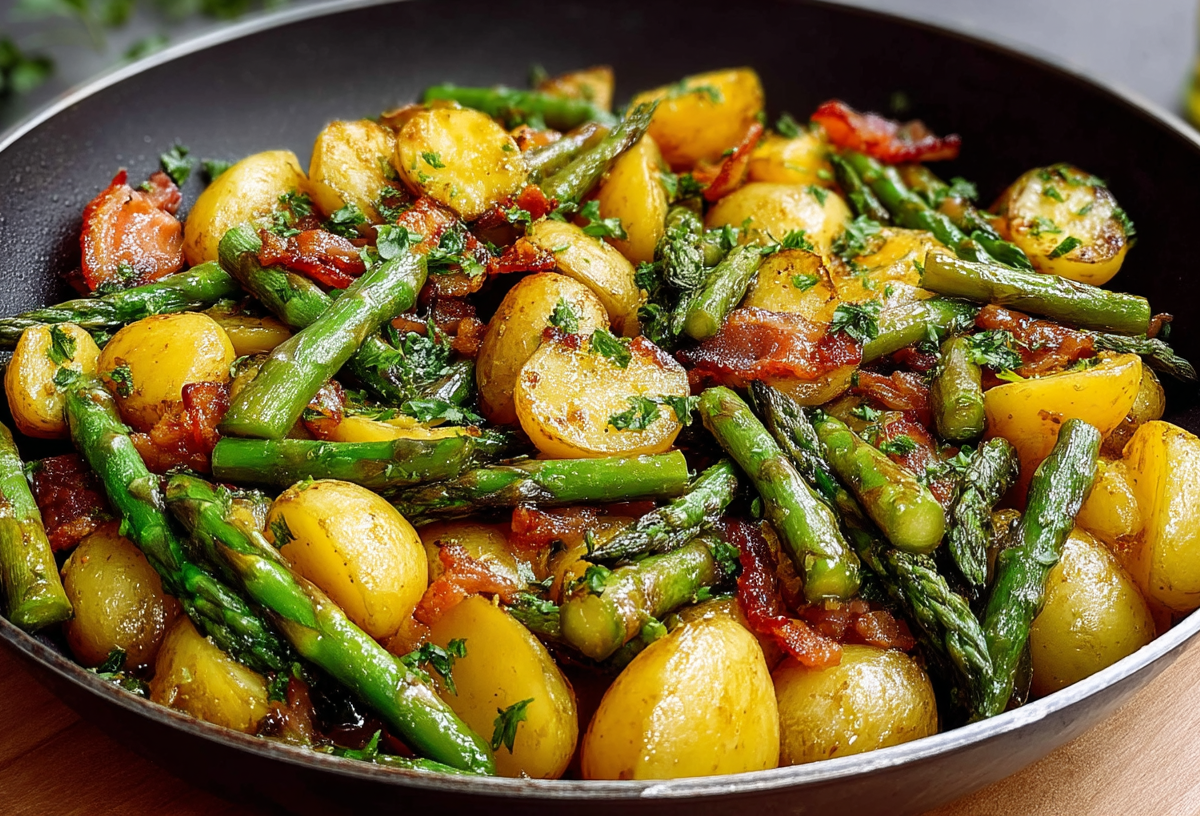 Eine Spargel-Kartoffel-Pfanne mit Speck und mit Petersilie garniert.