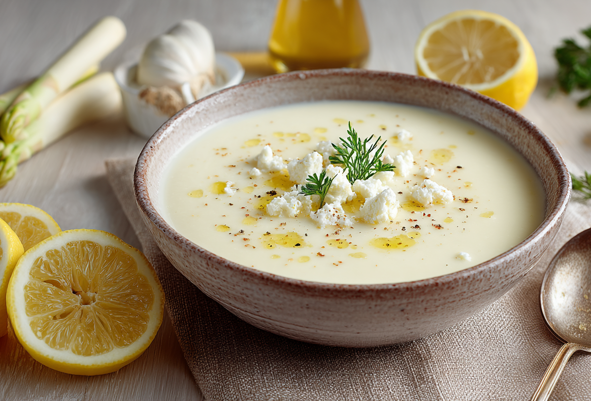 Eine Schale Spargel-Zitronen-Suppe mit Feta. Drum herum liegen Knoblauch, Zitronen und Spargel.