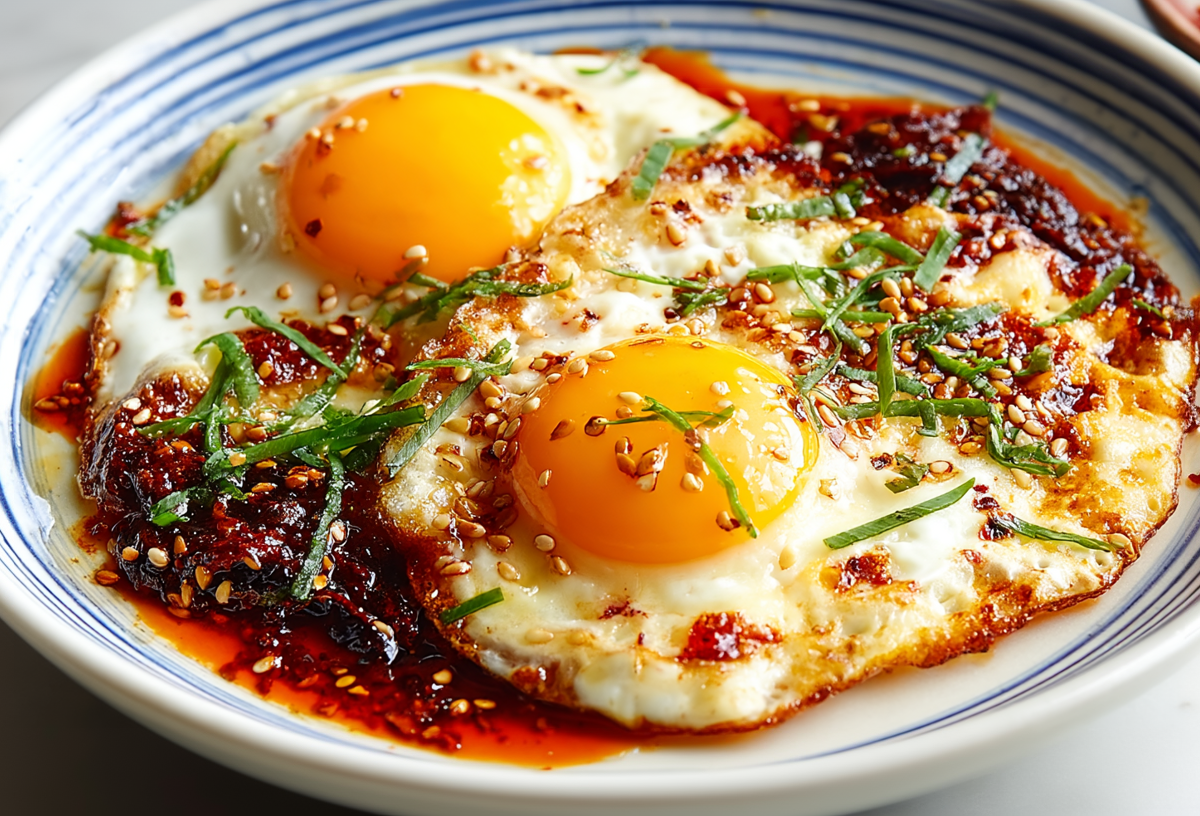 Zwei Spiegeleier mit Chiliöl nd Frühlingszwiebeln auf einem blau-weißen Teller.