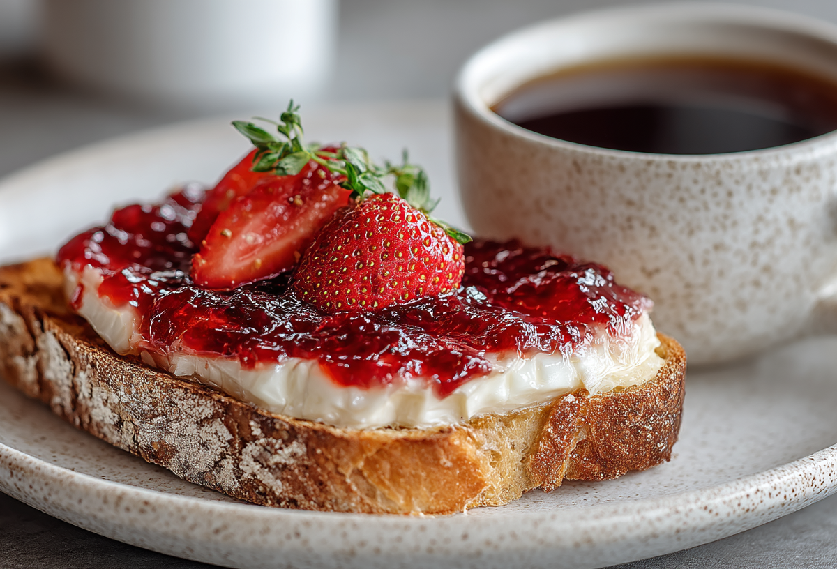 Überbackene Brie-Erdbeer-Toasts auf einem Teller neben einer Kaffeetasse.