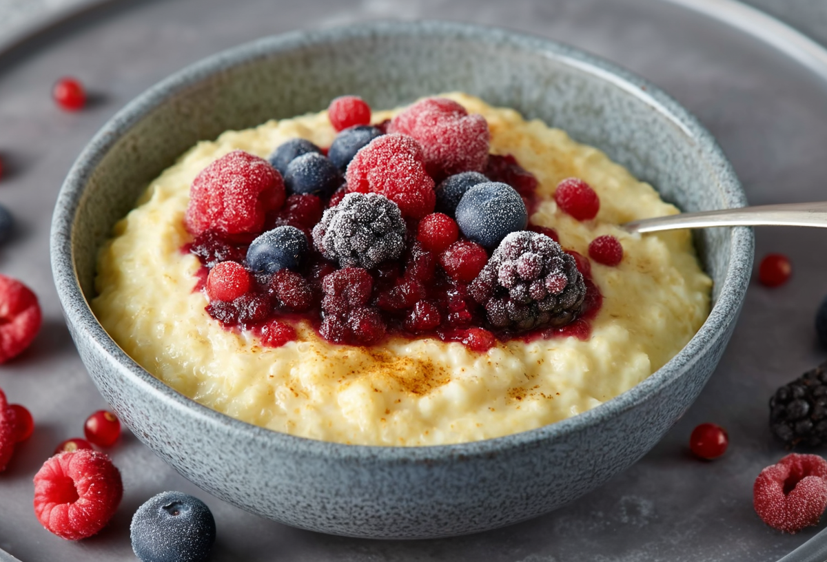 Eine Schale Vanillepudding-Haferflocken auf einem grauen Teller. Die Haferflocken sind mit gefrorenen Beeren angerichtet. Neben der Schale liegen weitere Beeren auf dem Teller verteilt.