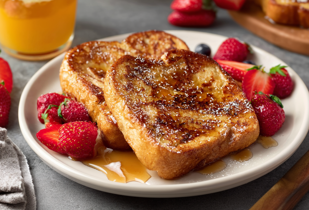 Zwei vegane French-Toasts auf einem weißen Teller, angerichtet mit Ahornsirup und Erdbeeren.