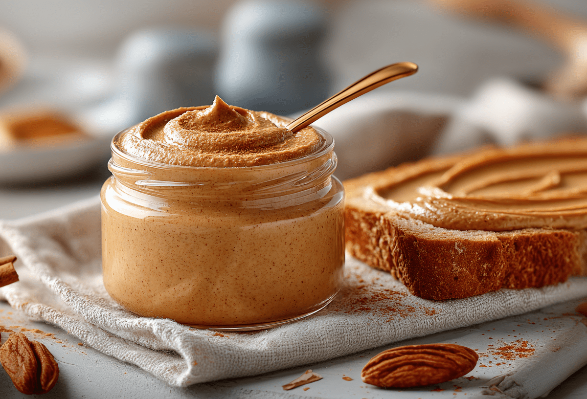 Ein Glas mit Zimt-Mandel-Aufstrich auf einem grauen Küchentuch. Daneben liegt ein Brot mit dem Aufstrich. Um das Tuch herum liegen einige Mandeln sowie Zimtstangen verteilt.