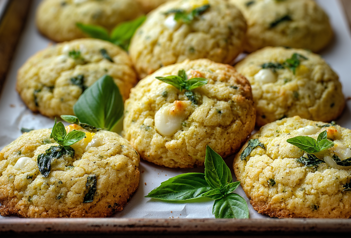 Zitronen-Basilikum-Cookies auf einem Backblech, garniert mit frischem Basilikum.