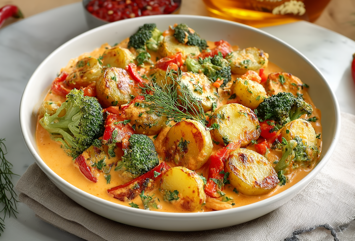 Ajvar-Kartoffeln mit Brokkoli in einer runden Schale. Um die Schale verteilt liegt frischer Dill sowie zwei Chilischoten. Im Hintergrund sieht man Chiliflocken und eine Flasche öl.