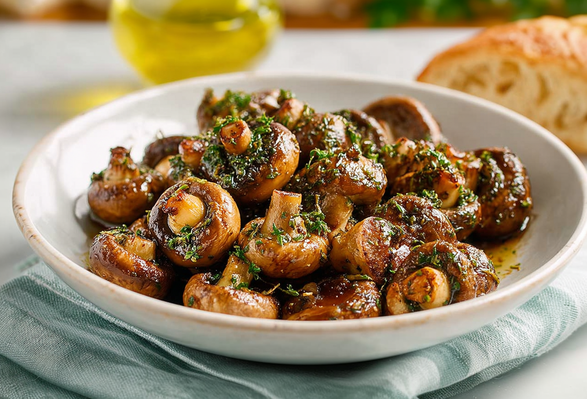 Eine Schale mit Balsamico-Champignons aus dem Airfryer. Mariniert mit Kräutern.