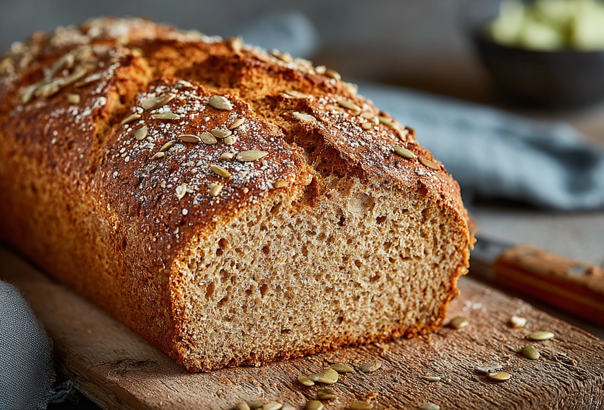 Ein angeschnittener Laib Buchweizen-Joghurt-Brot.