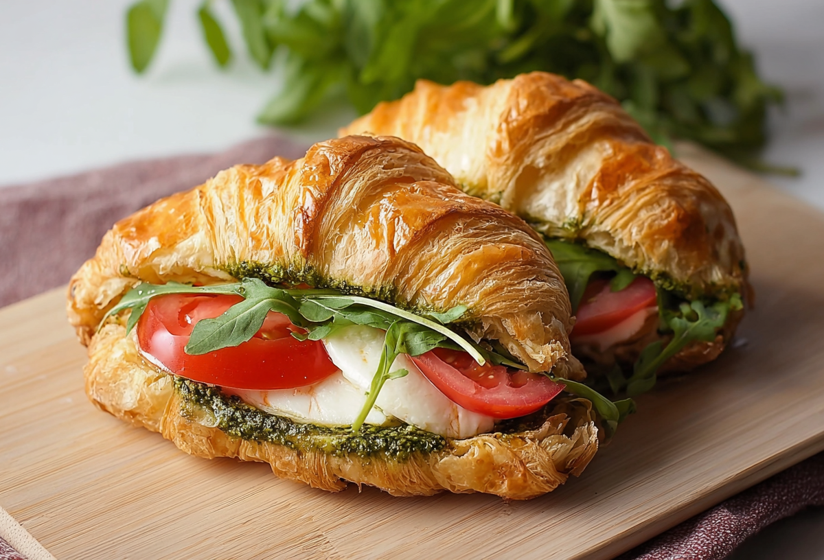 Zwei Caprese-Croissants auf einem Holzbrett.